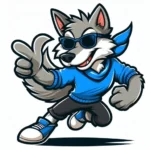 cartoon of a cool and likeable wolf wearing blue and grey In a Dynamic Pose.