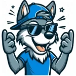 cartoon of a cool and likeable wolf wearing blue and grey with his mind blown