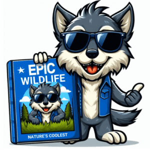 cartoon of a cool and likeable wolf wearing sunglasses wearing blue and grey Excitedly Presenting the eBook "epic wildlife & Nature's Coolest"